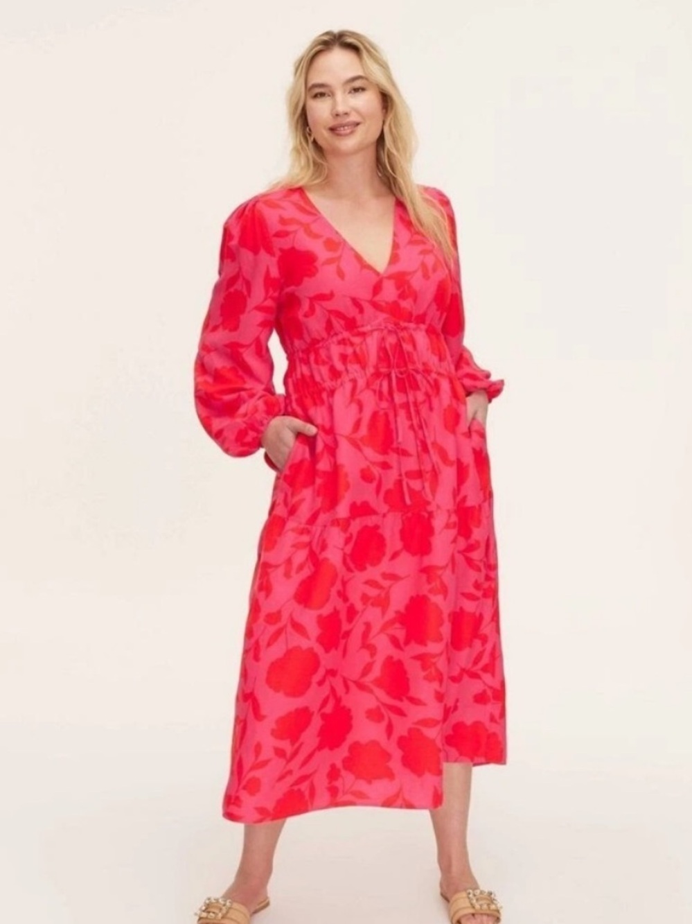 Kate Spade X Target Linen Red Pink Rose Long Sleeve Bohemian Midi Dress XXS NWT